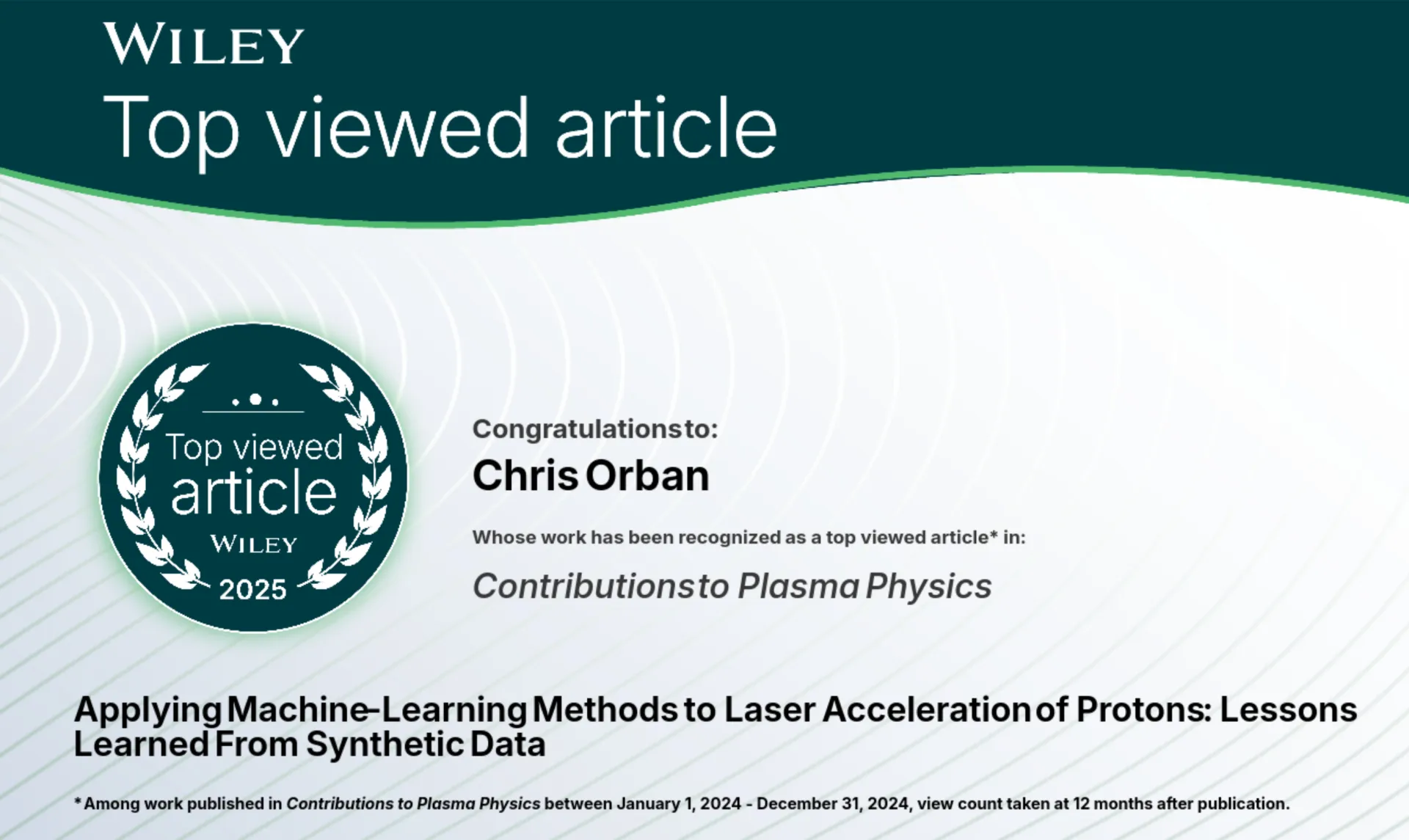 Wiley Top Viewed Article Certificate